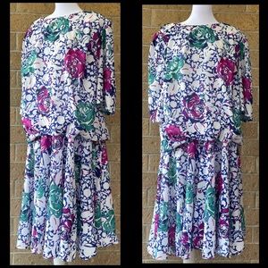 💚Vintage 80s Canasta drop waist roses floral poly dress 2X